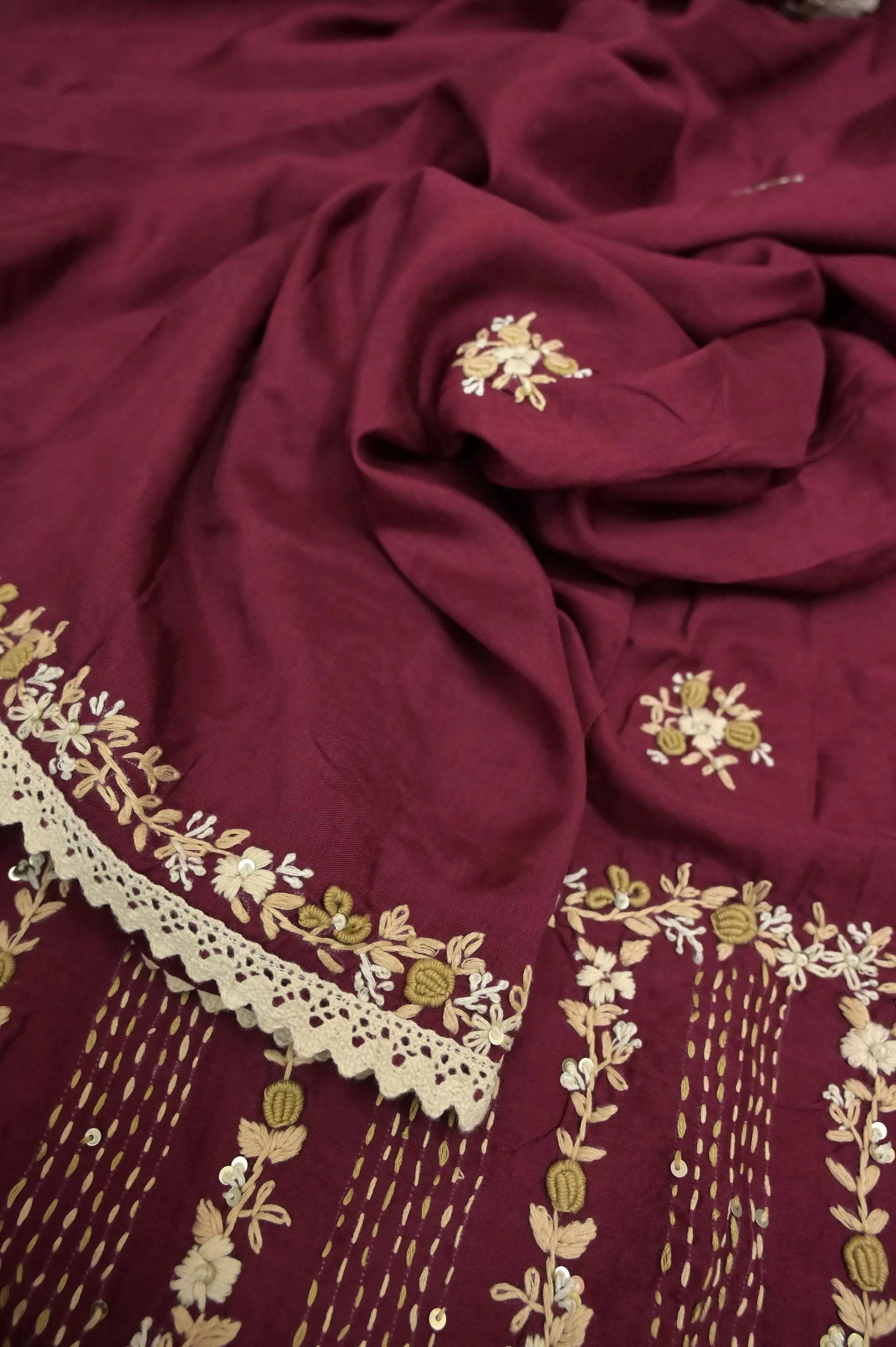 Maroon Color Pure Chinon Silk with Zari Check with Hand Parsi and Kantha Embroidery