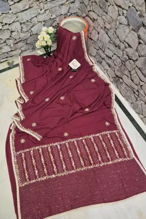 Maroon Color Pure Chinon Silk with Zari Check with Hand Parsi and Kantha Embroidery