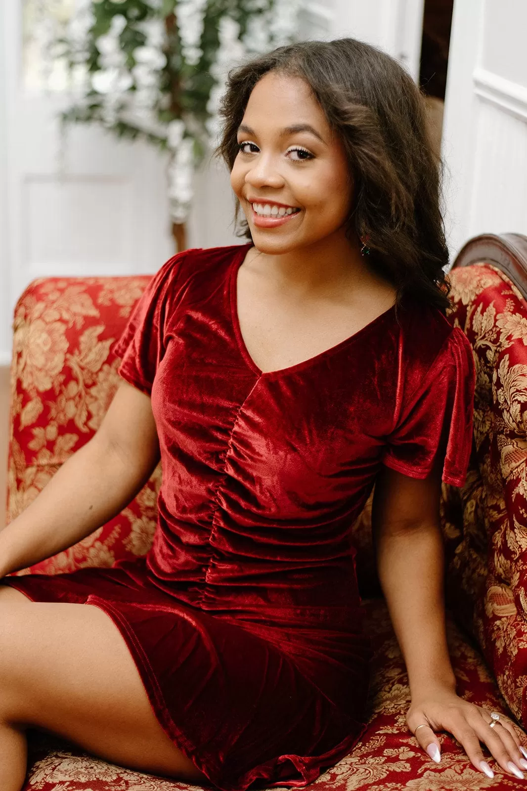 Maroon Velvet Ruched Dress