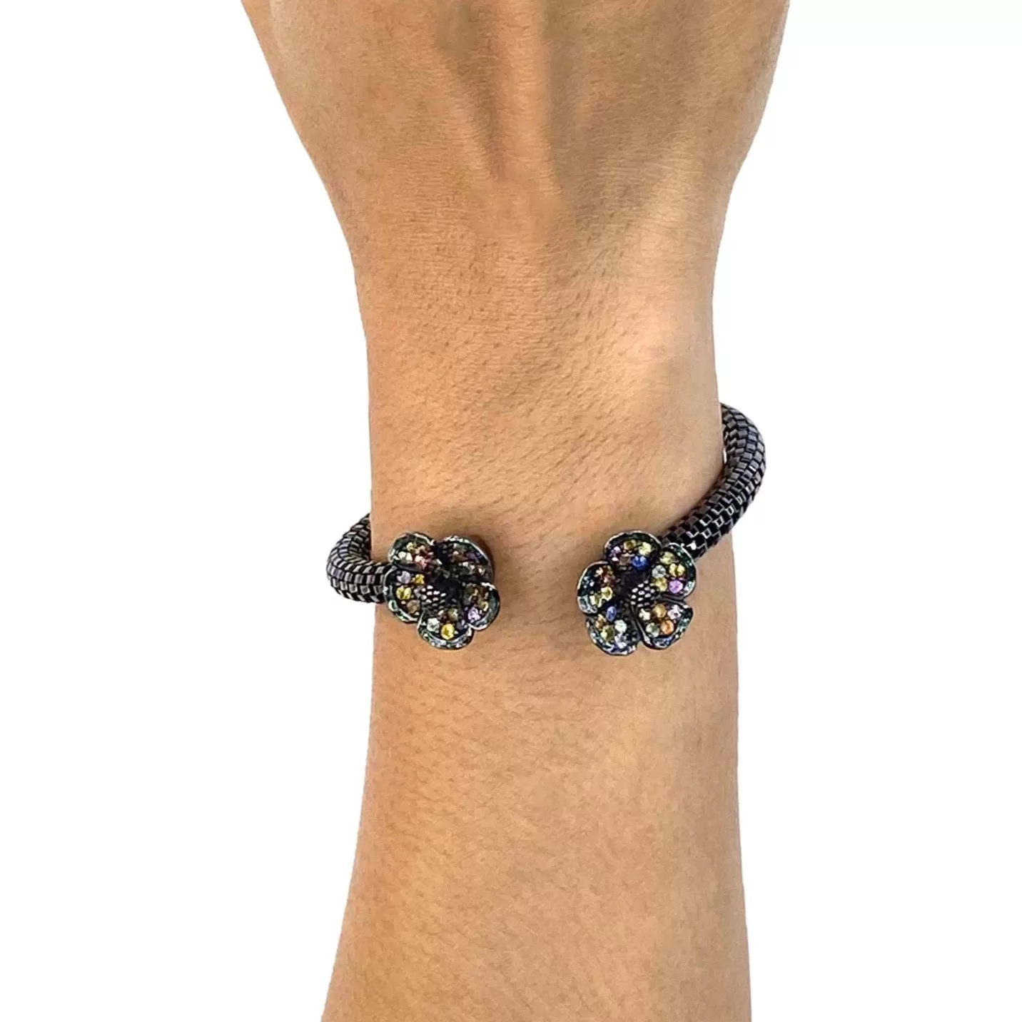 MCL Design Sterling Silver Double Flower Bracelet with Dark Green Glitter Enamel & Mixed Sapphires