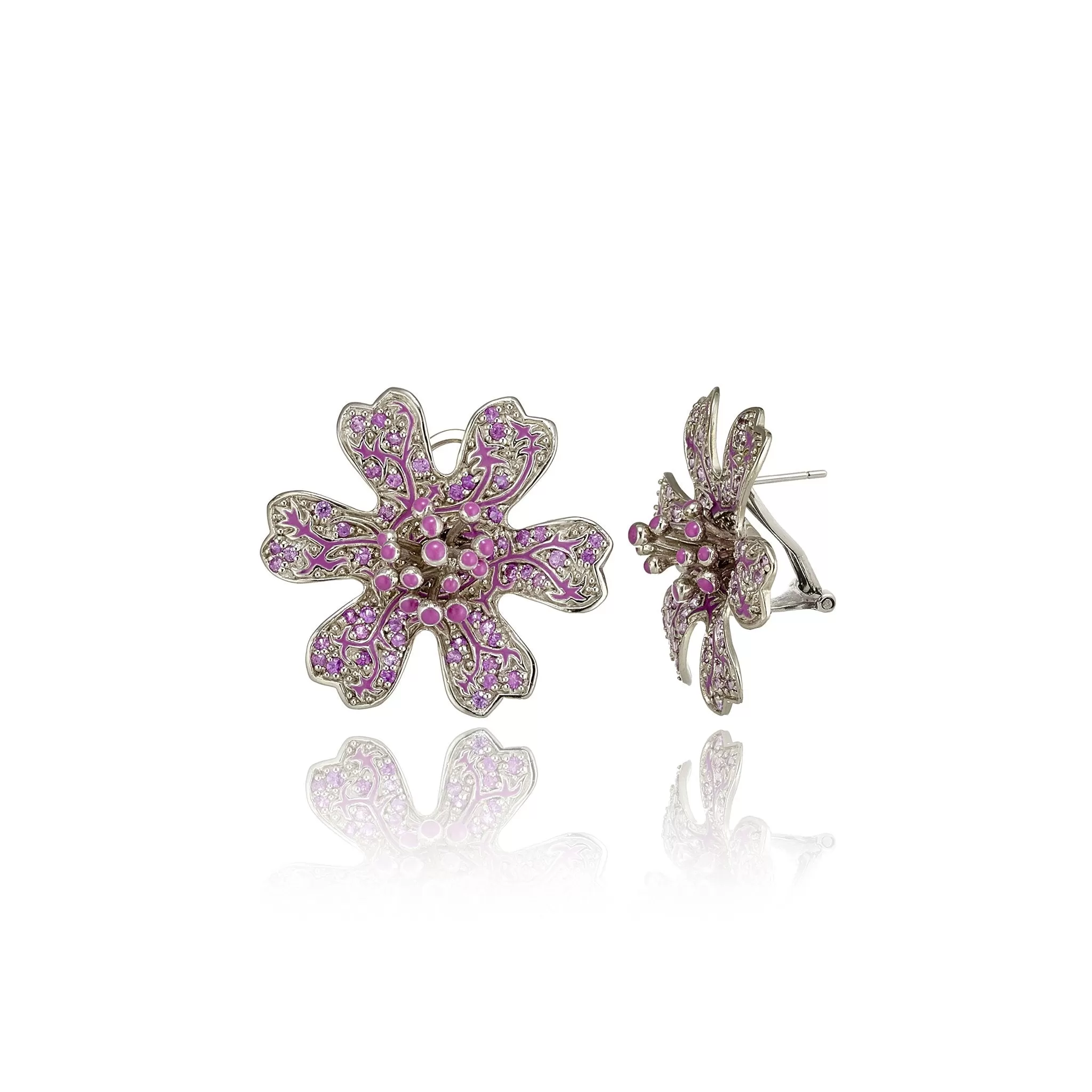 MCL Design White Rhodium Plated Sterling Button Earrings With Light Lavender Enamel Pink Sapphire