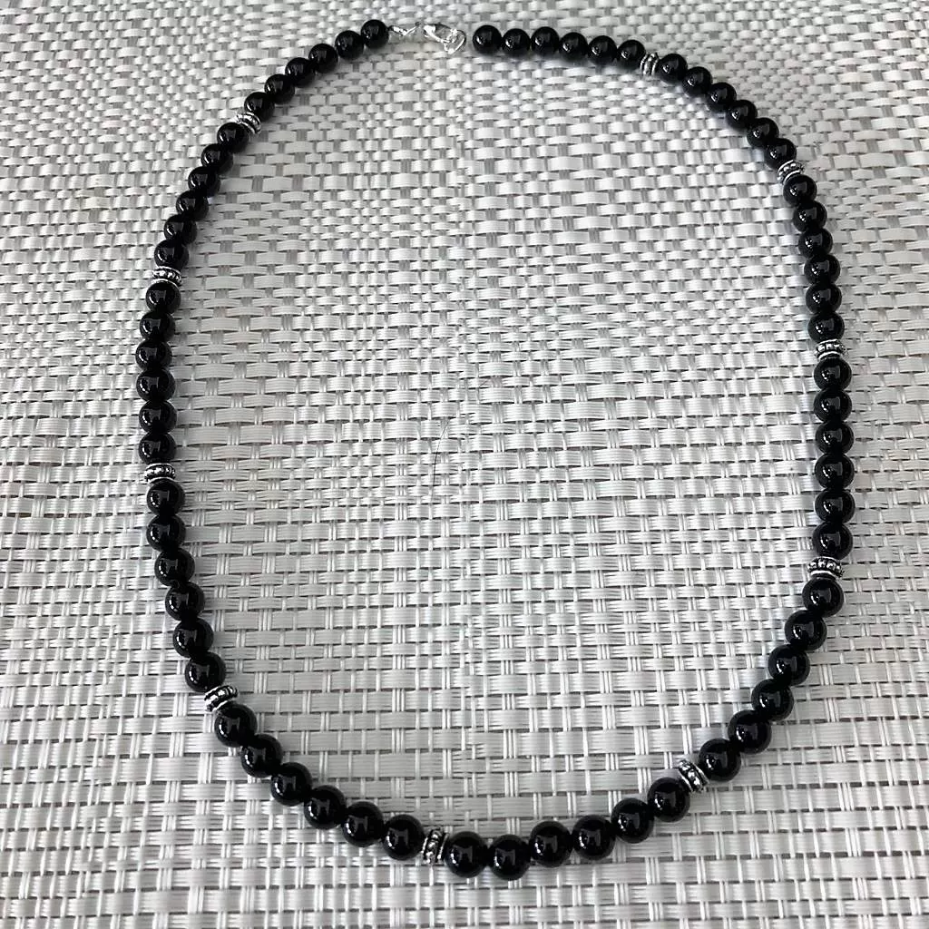 Mens Black Onyx and Silver Beaded Necklace