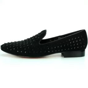 Men's Fiesso Black Suede with Black Crystals Rhinestones Slip On Shoes FI 6853