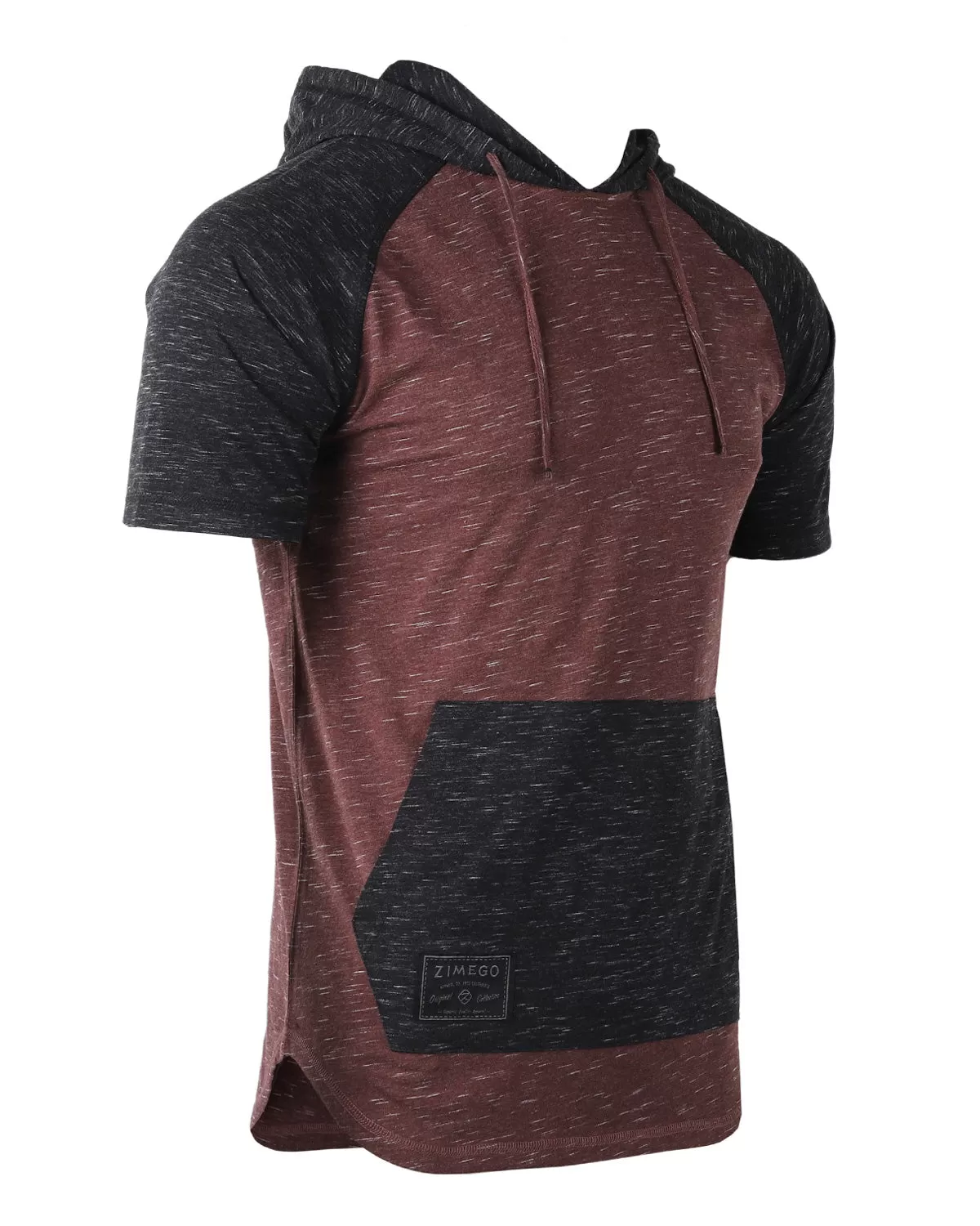 Men's Short Sleeve Color Block Raglan Hoodie With Curved Hem Black/Maroon