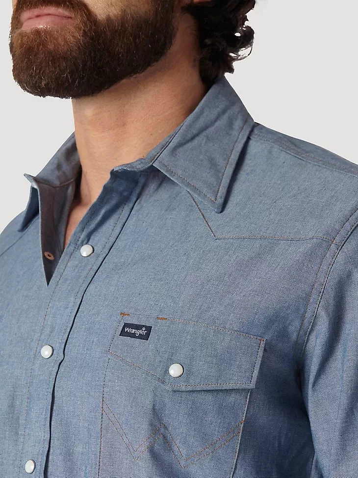 Men's Wrangler  Cowboy Cut Work Western Indigo Chambray Long Sleeve Shirt in Chambray alternative view 2 COWBOY CUT WORK WESTERN INDIGO CHAMBRAY LONG SLEEVE SHIRT IN CHAMBRAY