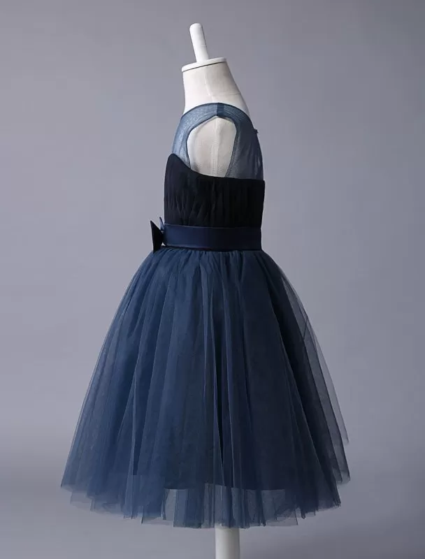 Navy Blue Sweetheart Neckline Tutu Dress Bow Sash Short Kids Formal Party Dress