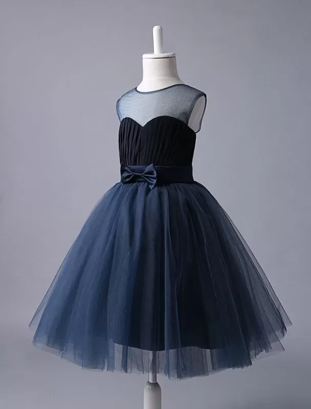 Navy Blue Sweetheart Neckline Tutu Dress Bow Sash Short Kids Formal Party Dress