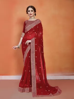 Odette Women Maroon Georgette Saree With Unstitched Blouse