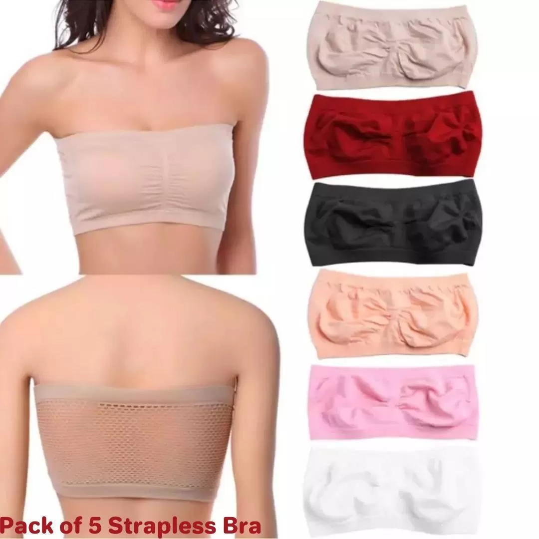 Pack of 5 Women Breathable Strapless non padded Bra Tube Top Seamless Casual Bra