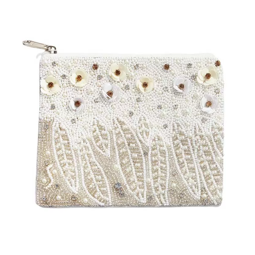 Pearl Sequin Seed Beaded Flower Leaf Mini Pouch Bag