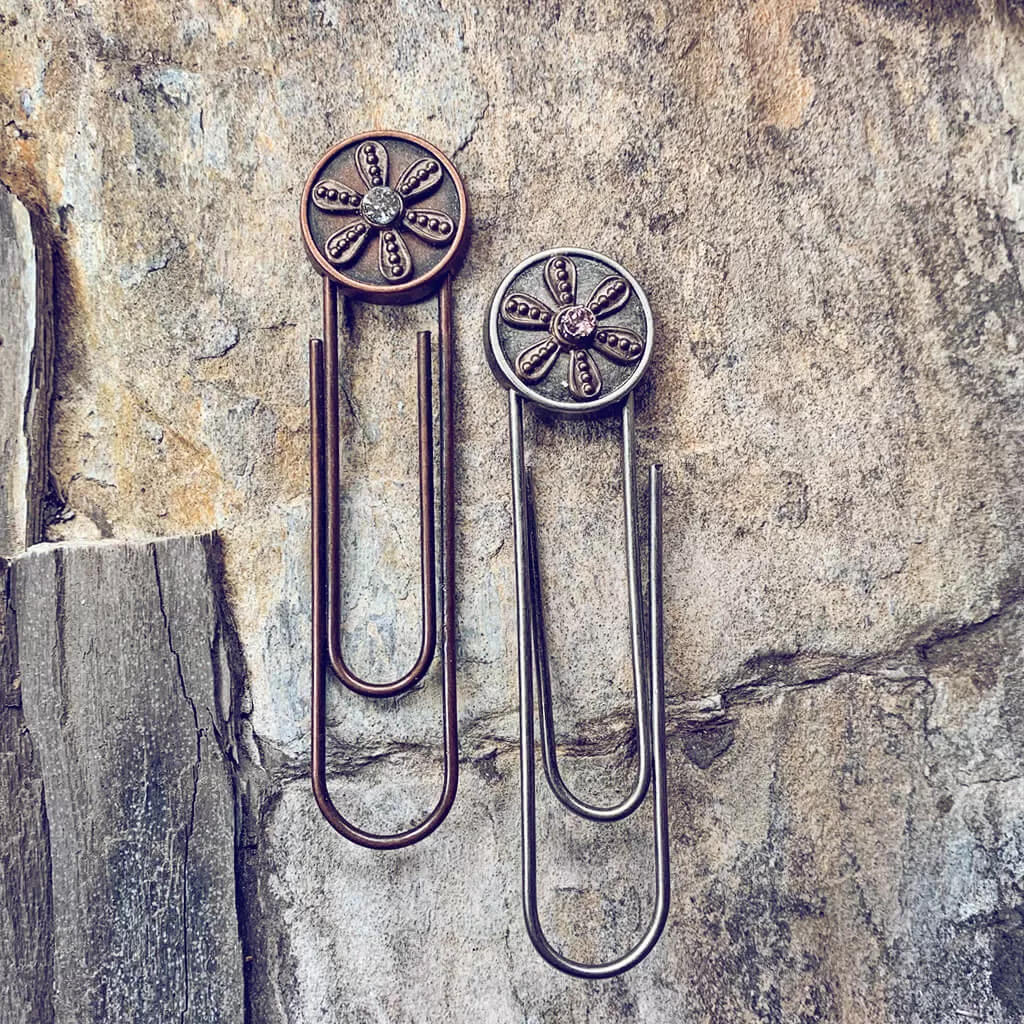 petals // set of 2 flower & swarovski crystal paperclip book or page markers