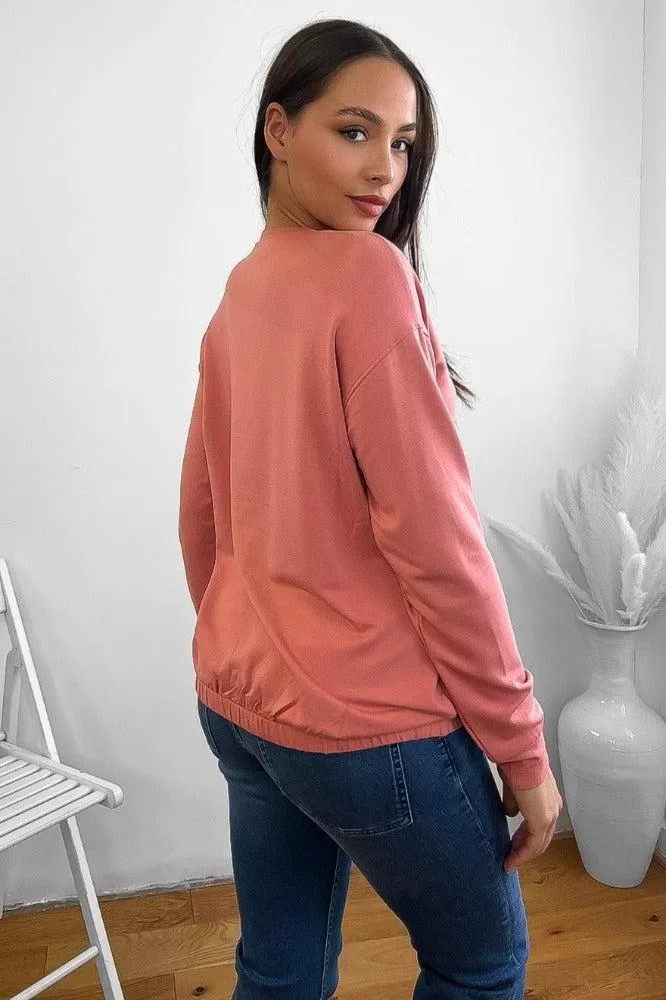 Pink Drawstring Hem Sweatshirt