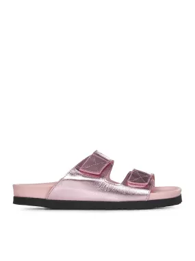 Pink slide sandals in metallic leather with double strap with logo print