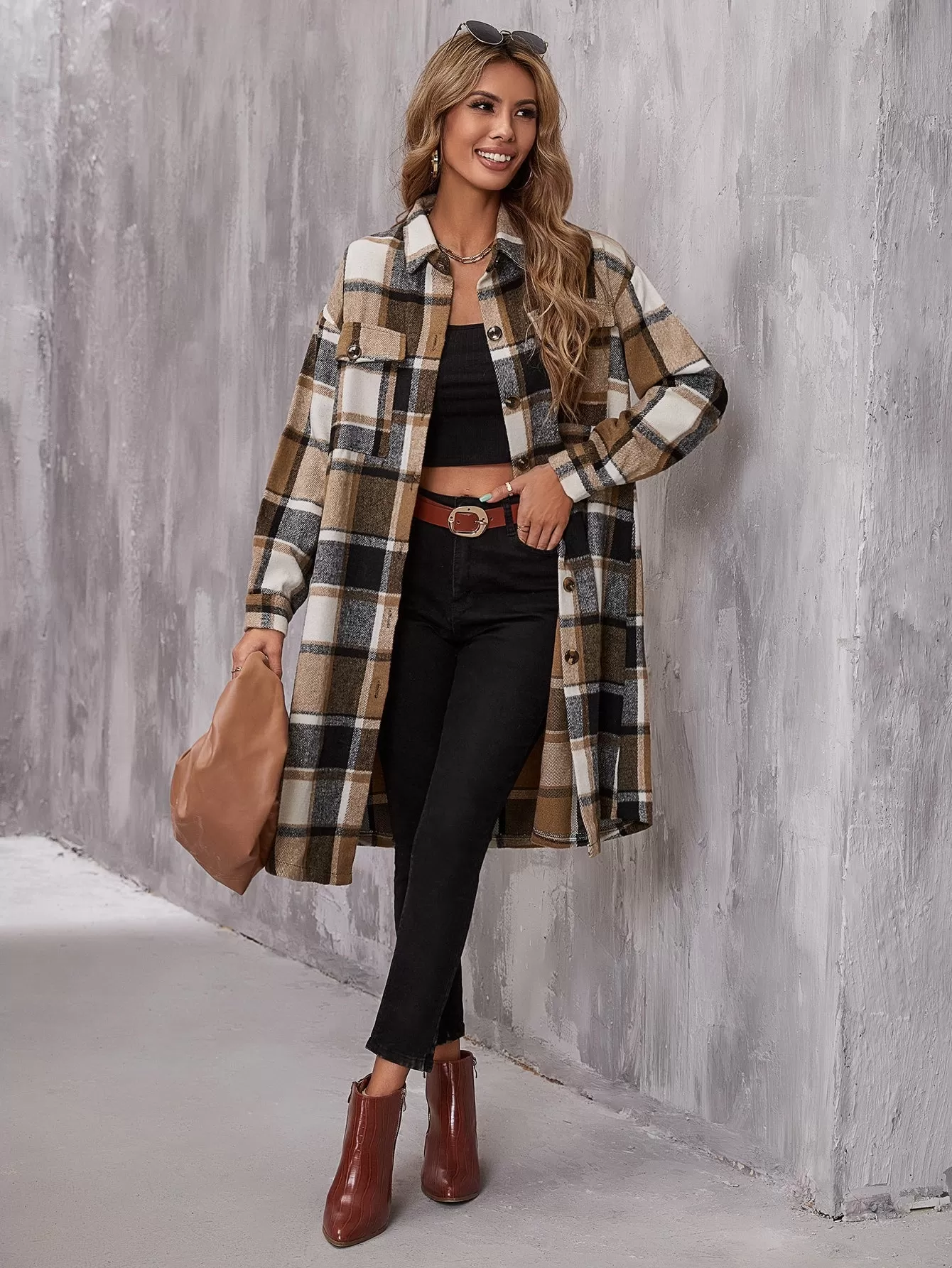 Plaid Flap Pocket Drop Shoulder Coat