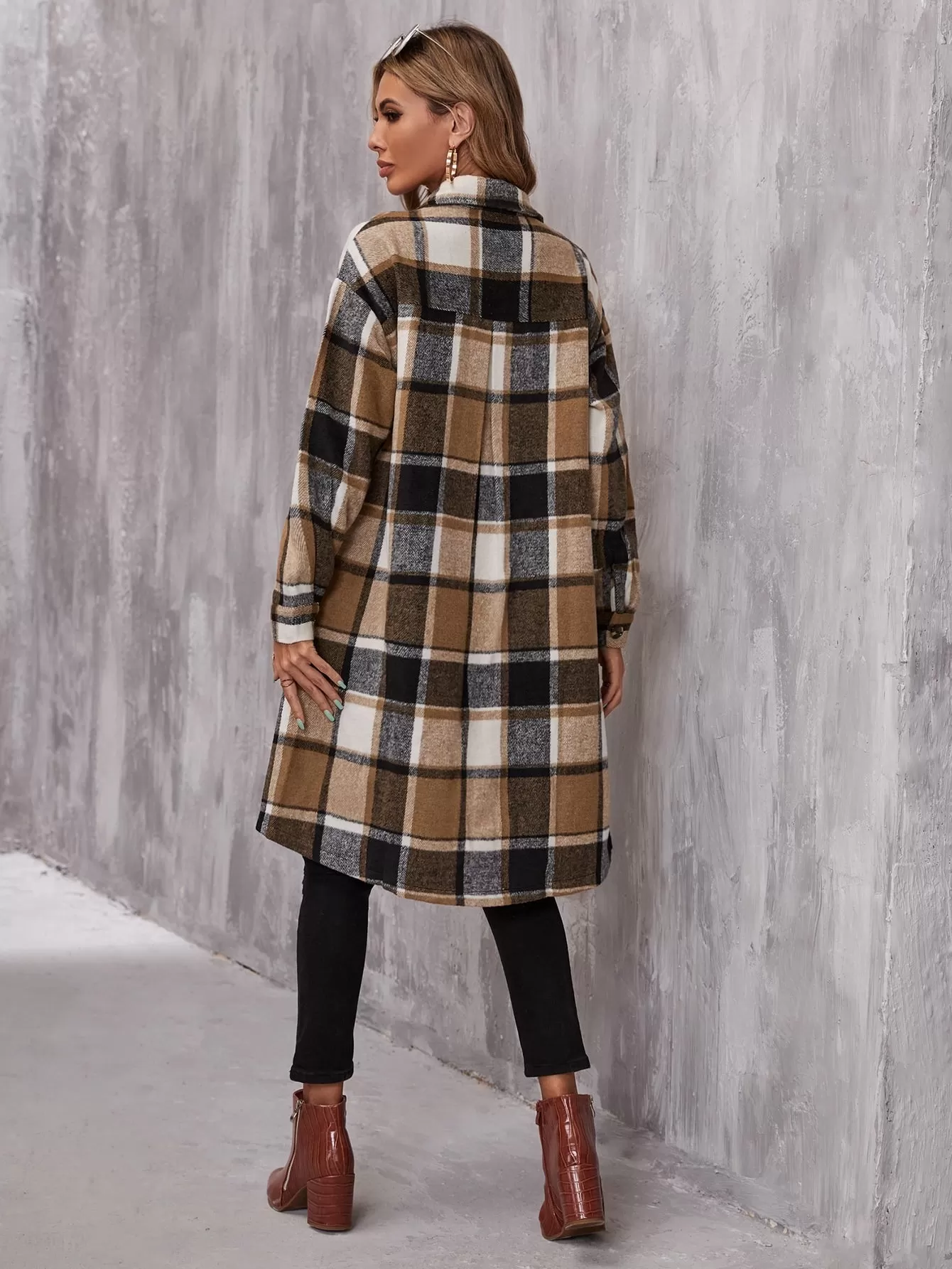 Plaid Flap Pocket Drop Shoulder Coat