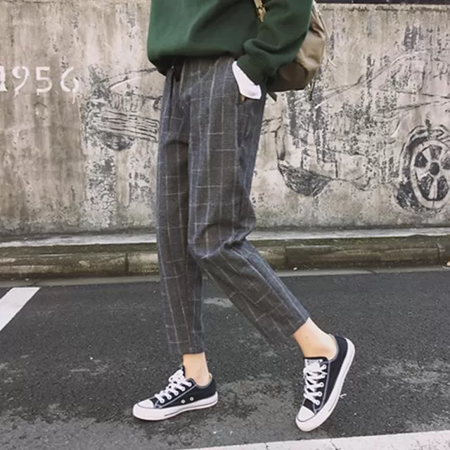 Pockets Plaid Loose High Waist Pants