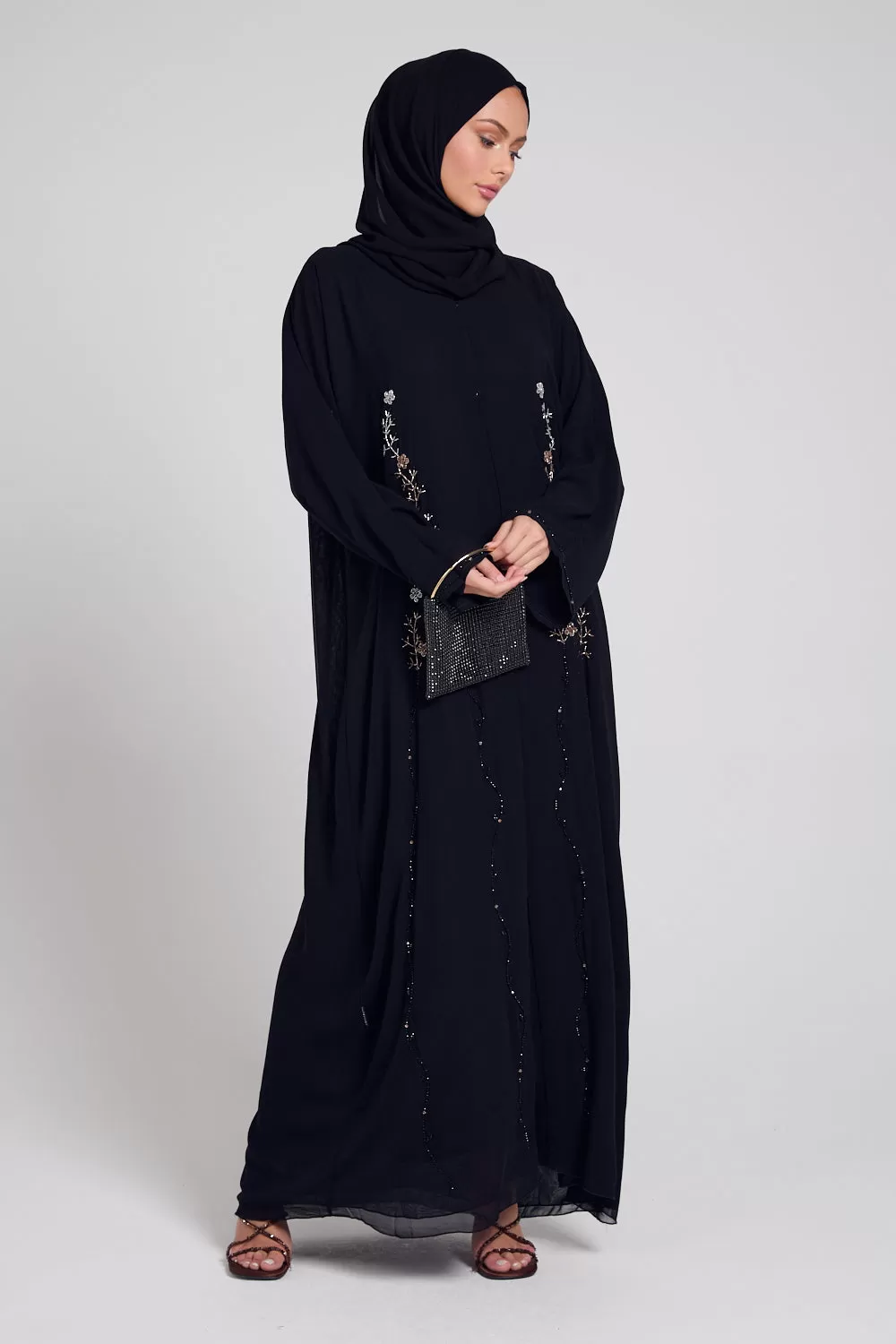 Premium Black Floral Petal Embellished Chiffon Open Abaya