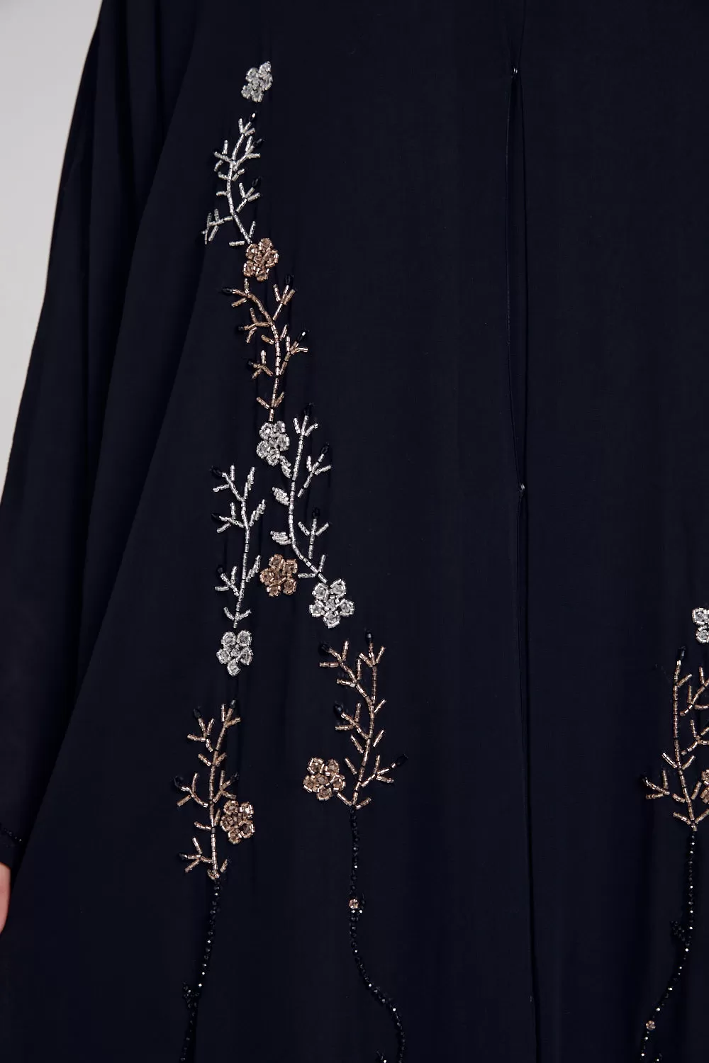 Premium Black Floral Petal Embellished Chiffon Open Abaya