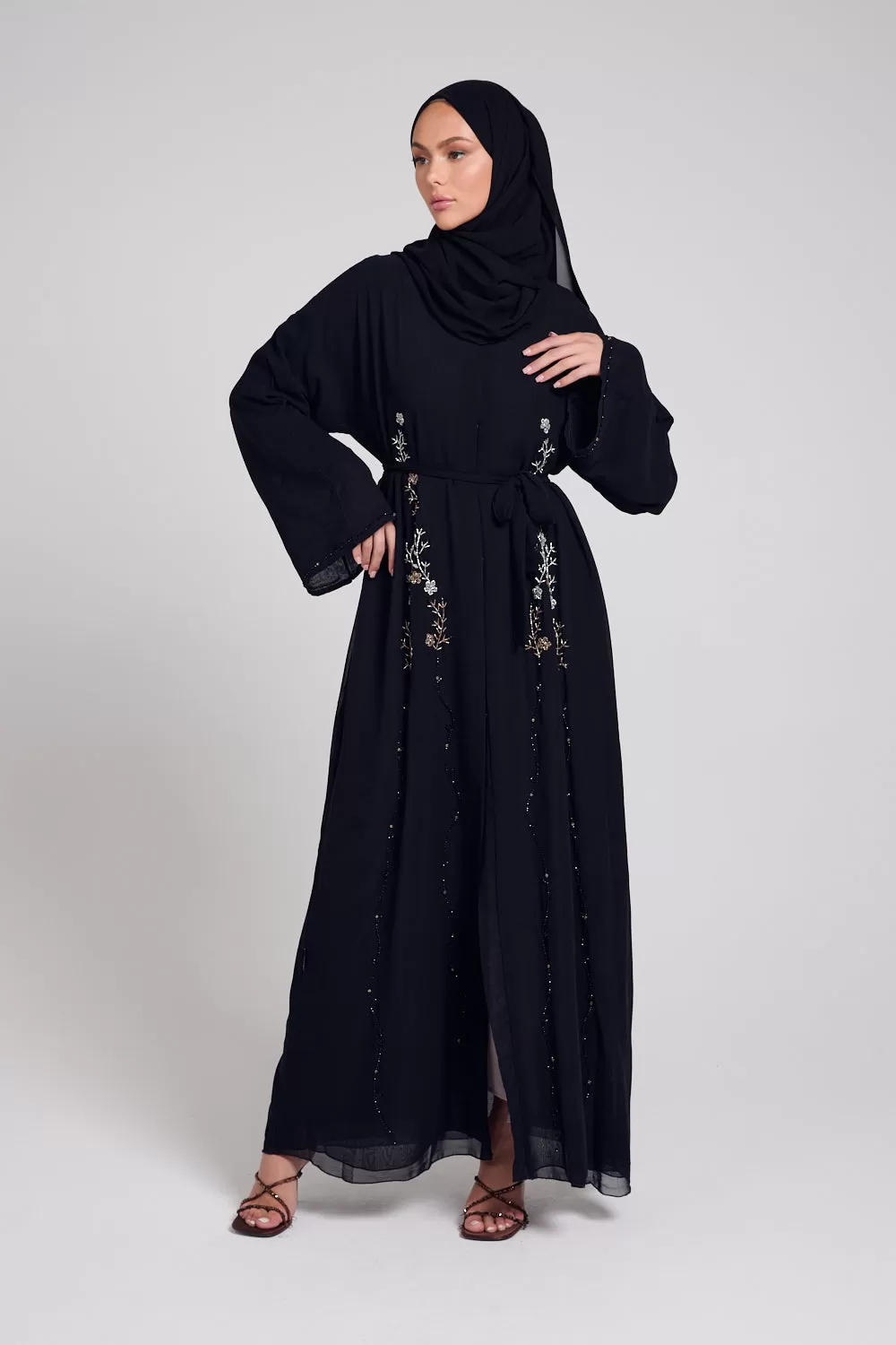 Premium Black Floral Petal Embellished Chiffon Open Abaya