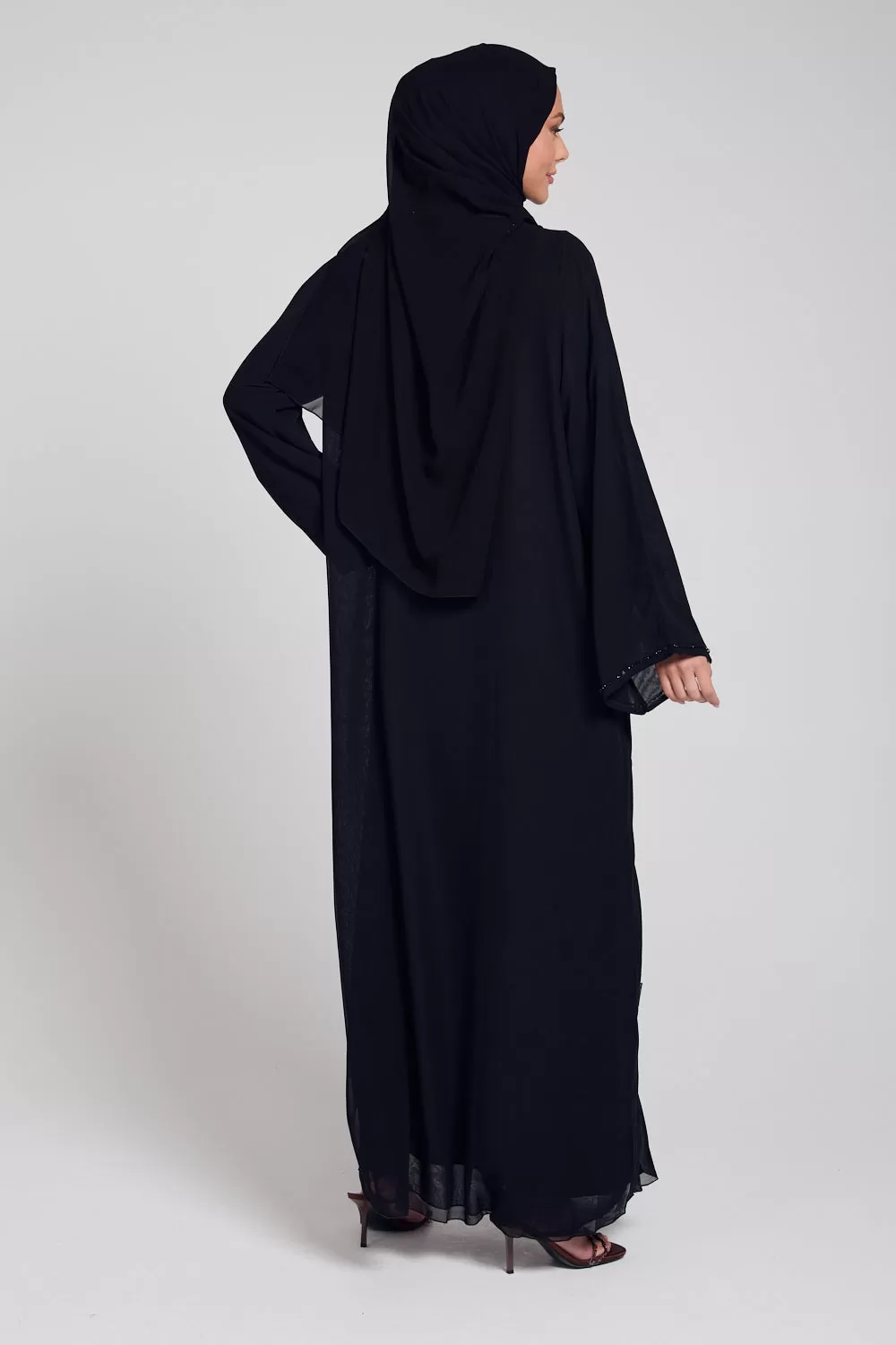 Premium Black Floral Petal Embellished Chiffon Open Abaya