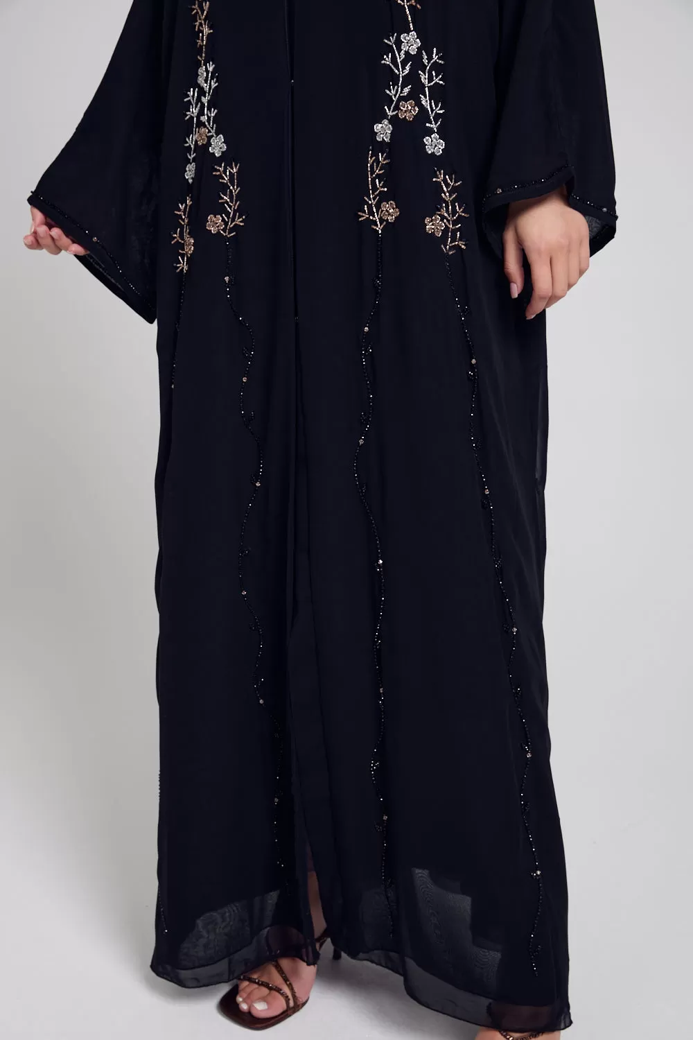 Premium Black Floral Petal Embellished Chiffon Open Abaya