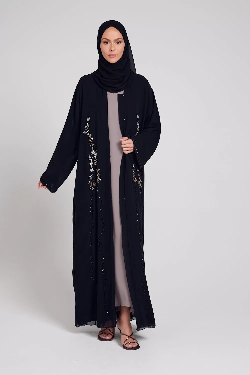 Premium Black Floral Petal Embellished Chiffon Open Abaya