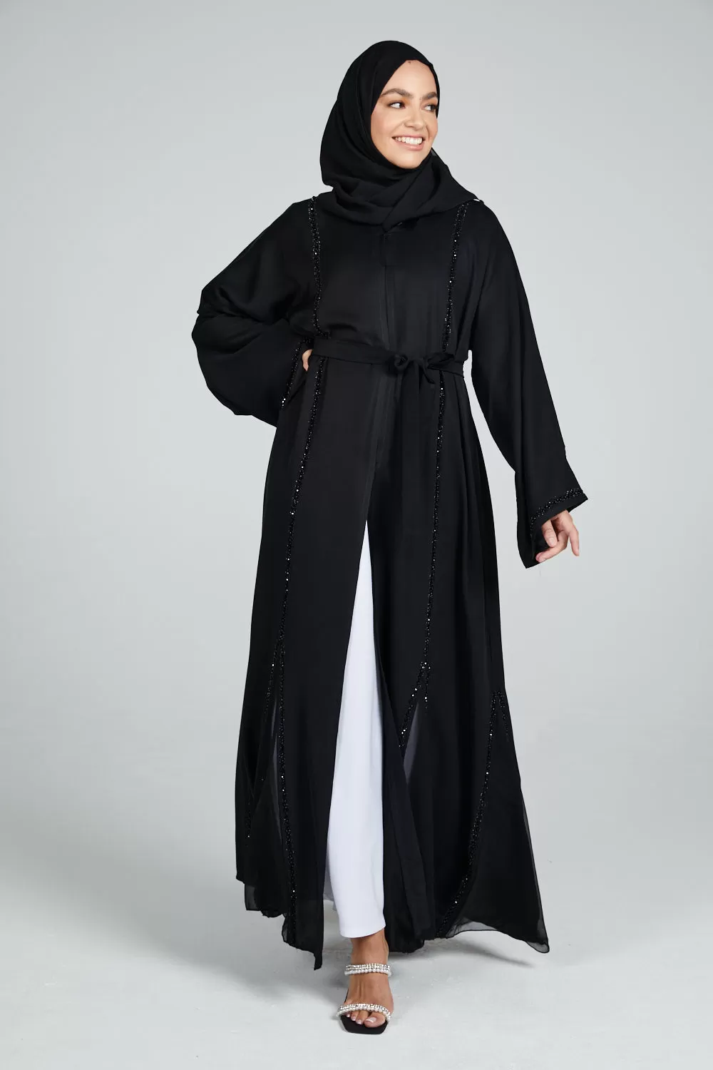 Premium Black Open Abaya with Embellished Piping and Chiffon Detail