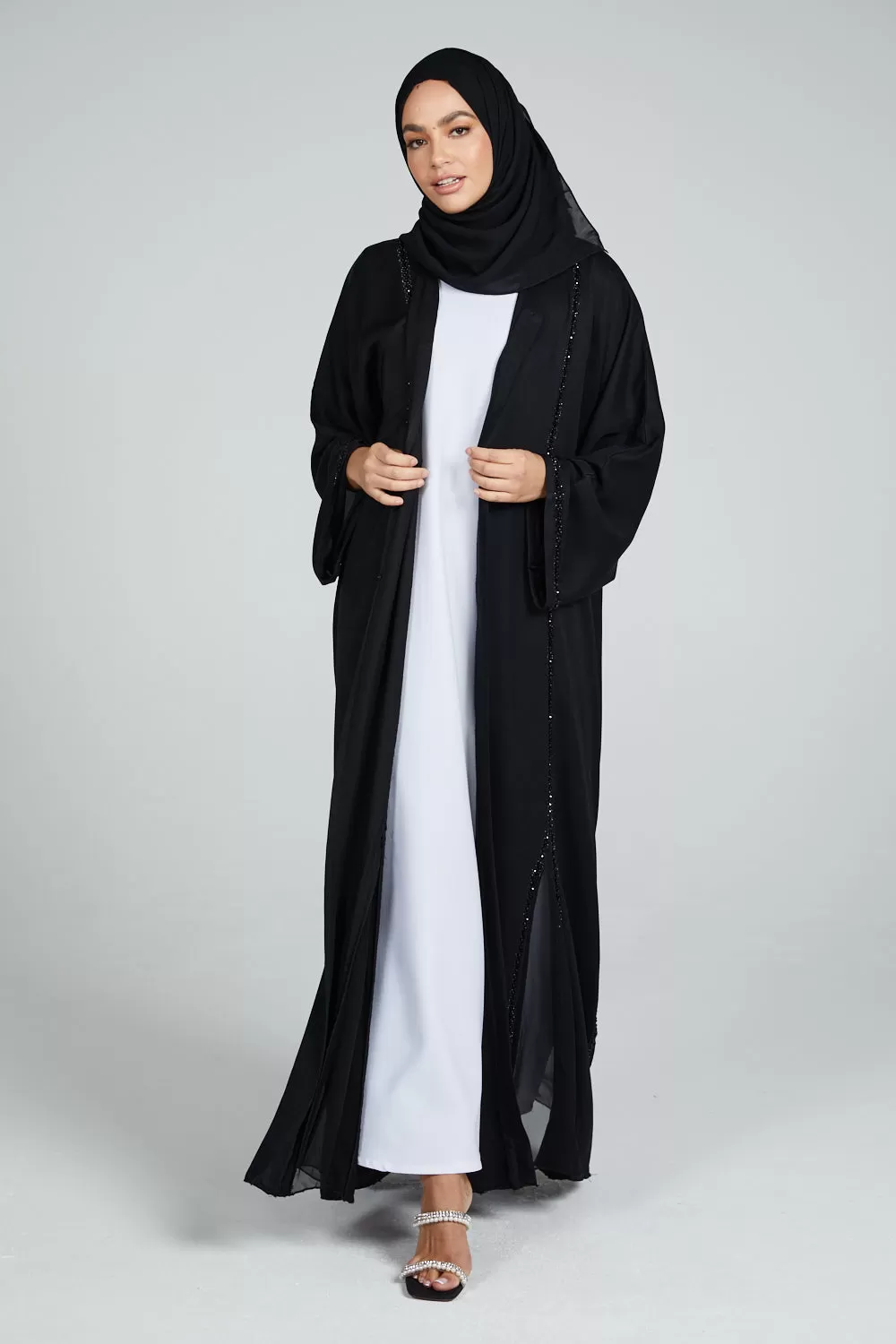 Premium Black Open Abaya with Embellished Piping and Chiffon Detail