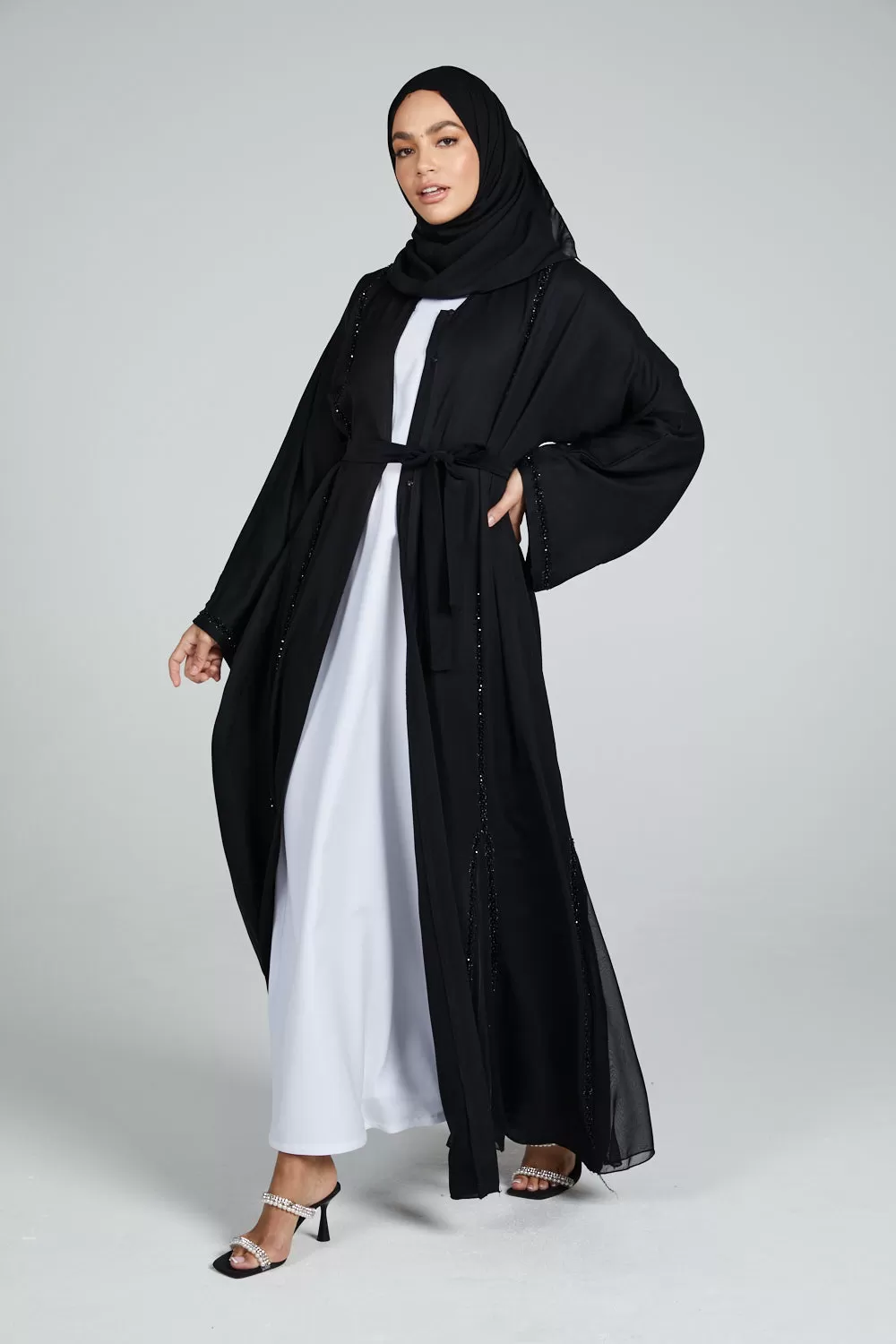 Premium Black Open Abaya with Embellished Piping and Chiffon Detail