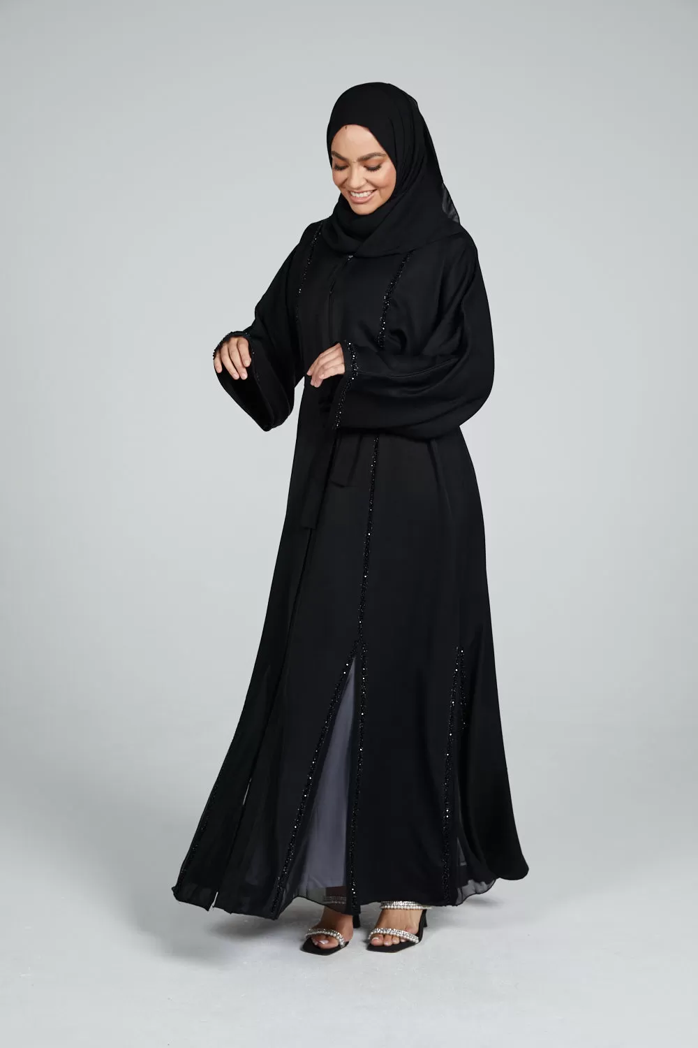 Premium Black Open Abaya with Embellished Piping and Chiffon Detail