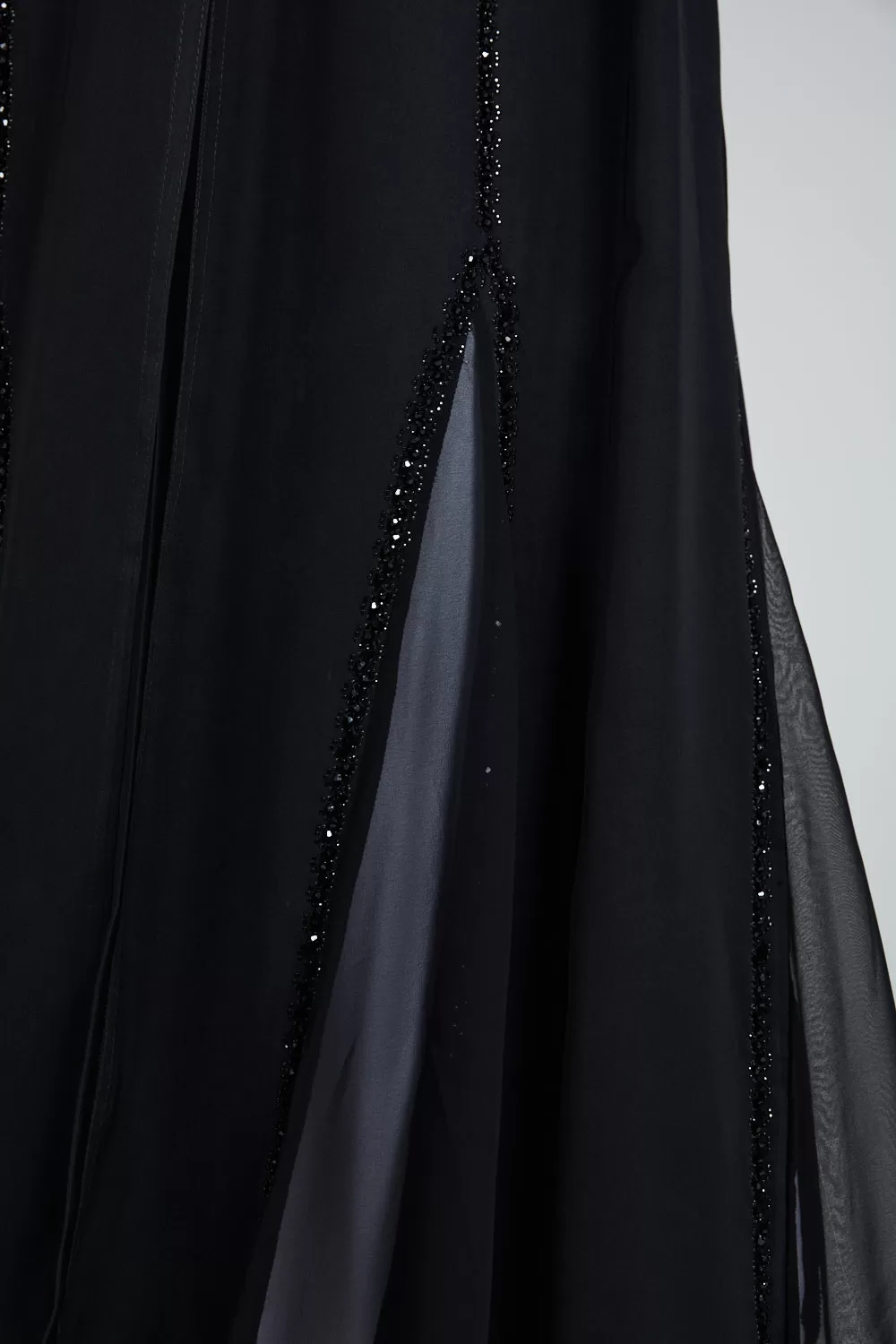 Premium Black Open Abaya with Embellished Piping and Chiffon Detail