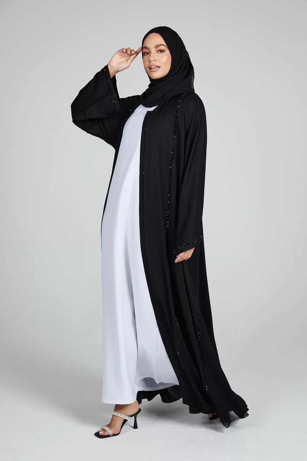 Premium Black Open Abaya with Embellished Piping and Chiffon Detail