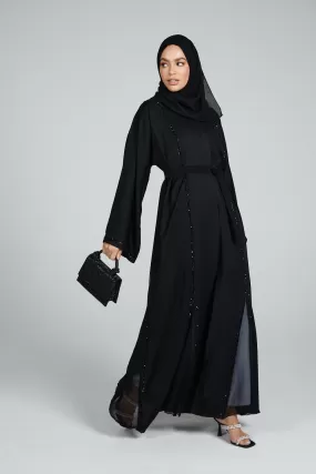 Premium Black Open Abaya with Embellished Piping and Chiffon Detail