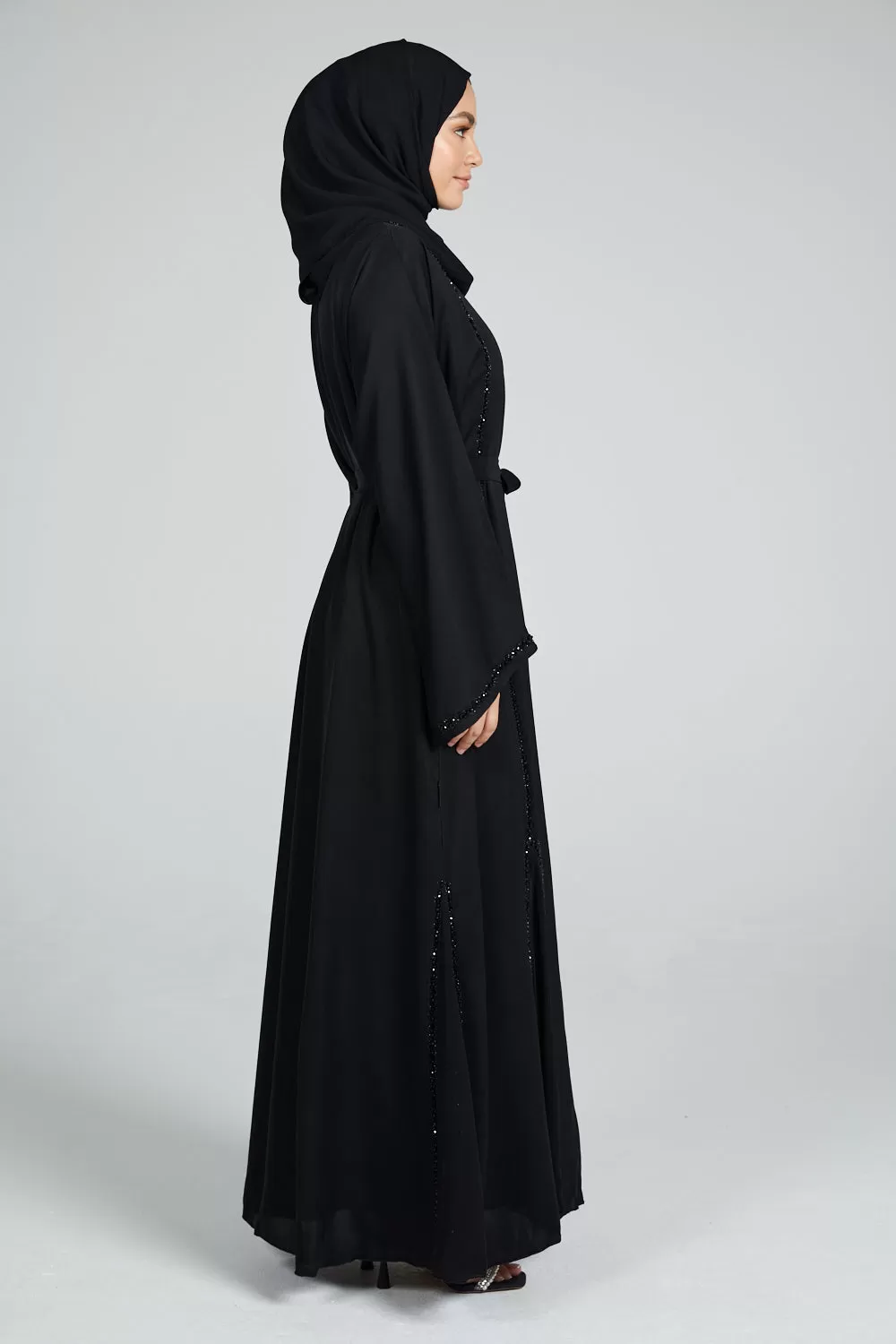 Premium Black Open Abaya with Embellished Piping and Chiffon Detail