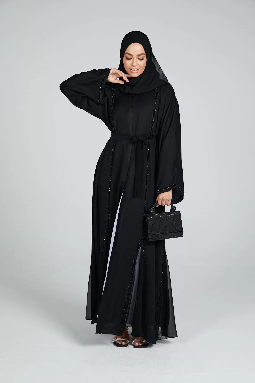 Premium Black Open Abaya with Embellished Piping and Chiffon Detail