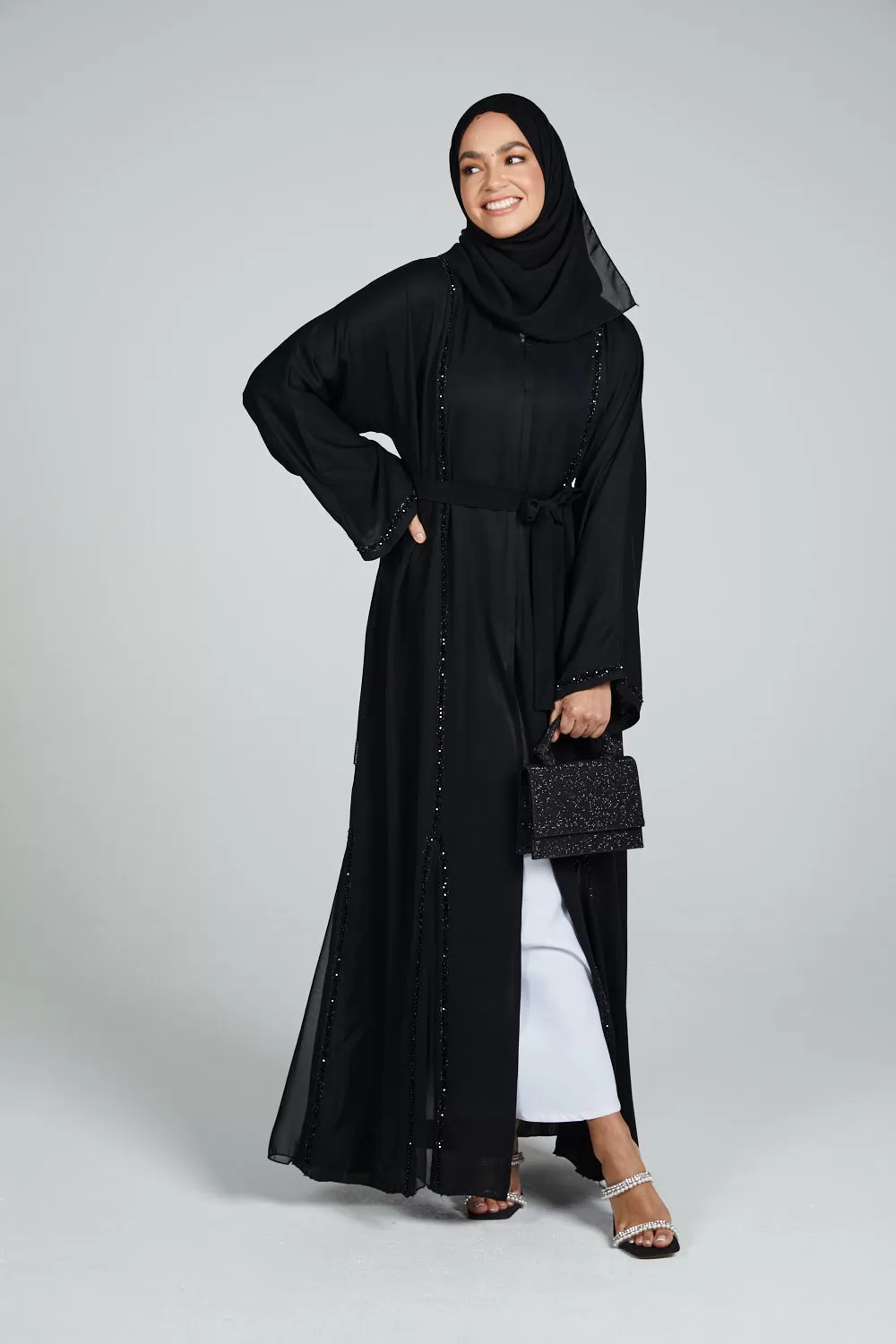 Premium Black Open Abaya with Embellished Piping and Chiffon Detail