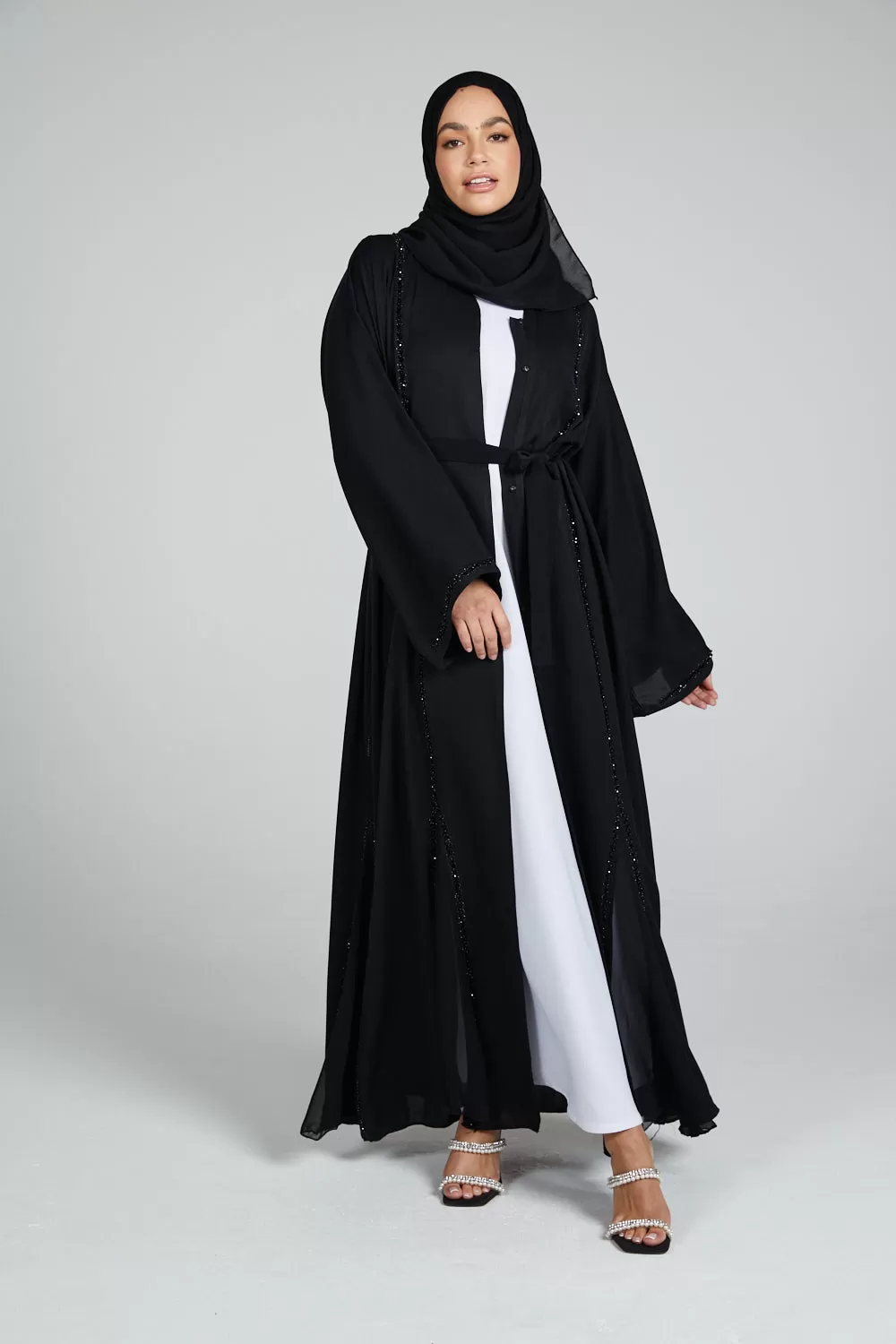 Premium Black Open Abaya with Embellished Piping and Chiffon Detail