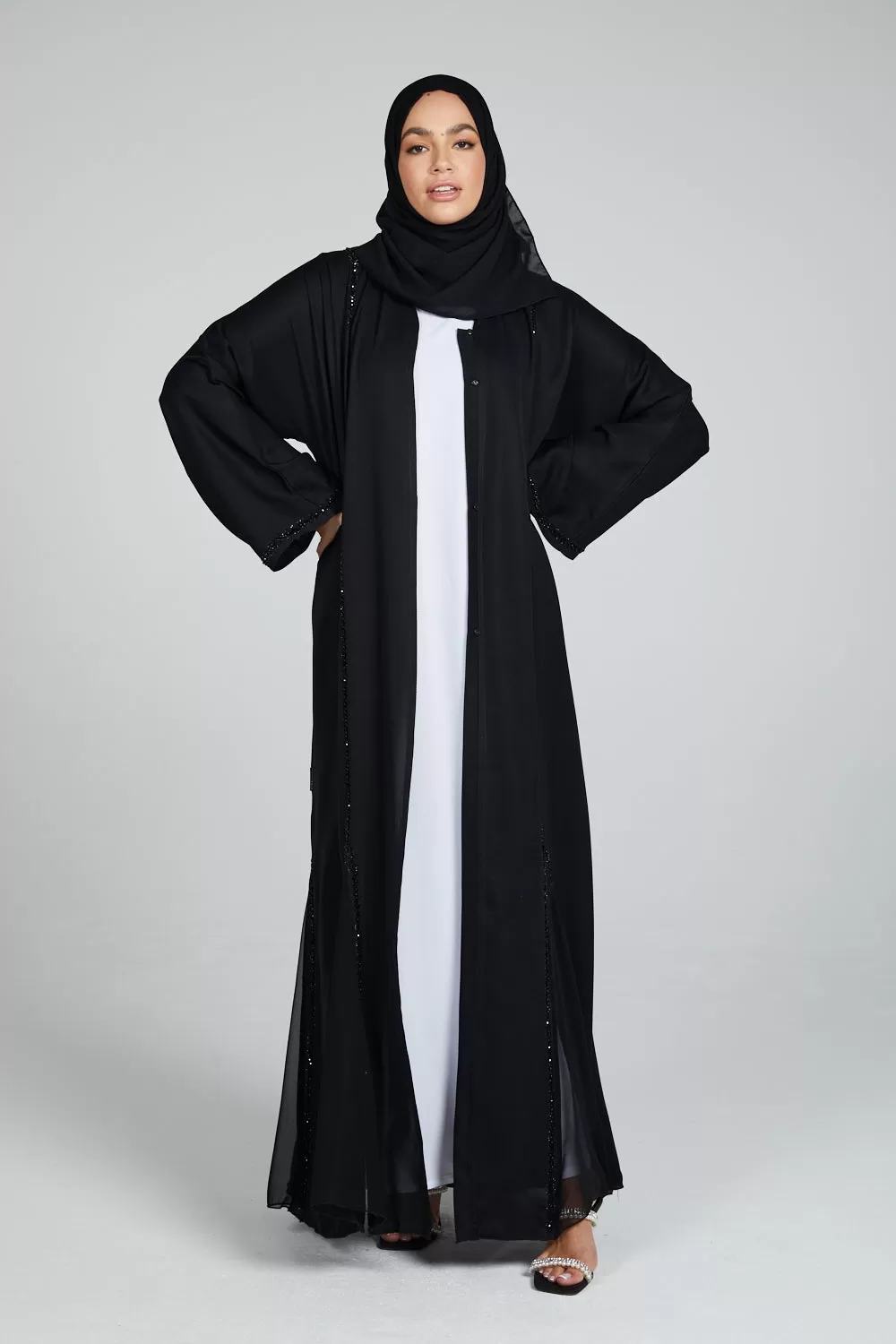 Premium Black Open Abaya with Embellished Piping and Chiffon Detail