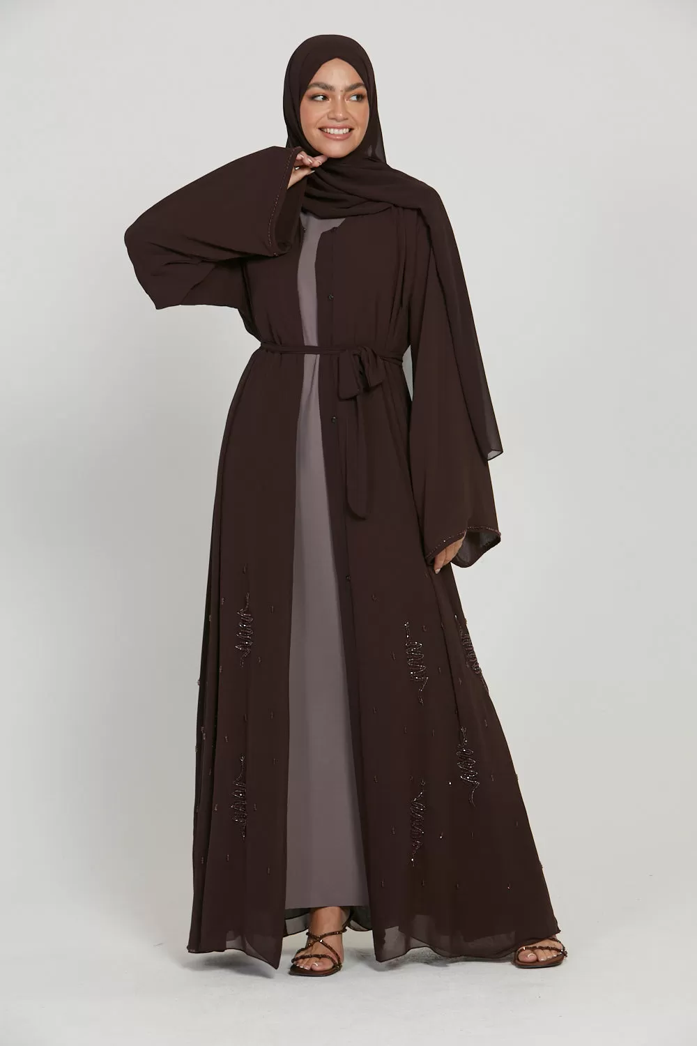 Premium Chiffon Embellished Open Abaya - Mahogany