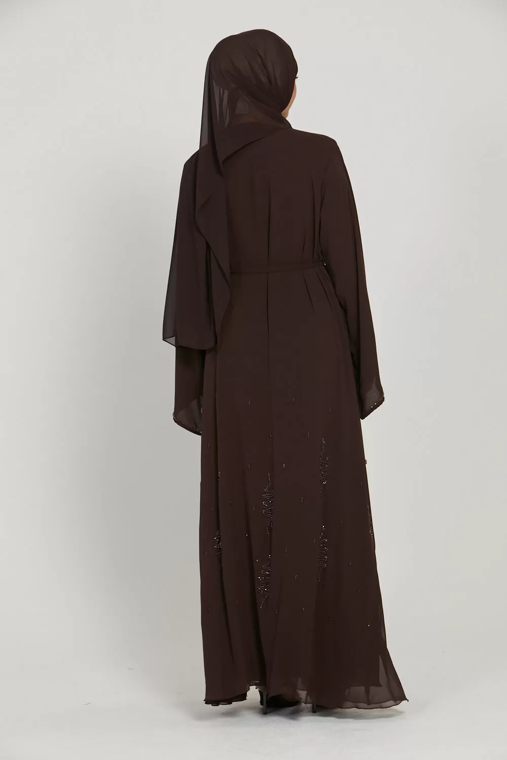 Premium Chiffon Embellished Open Abaya - Mahogany