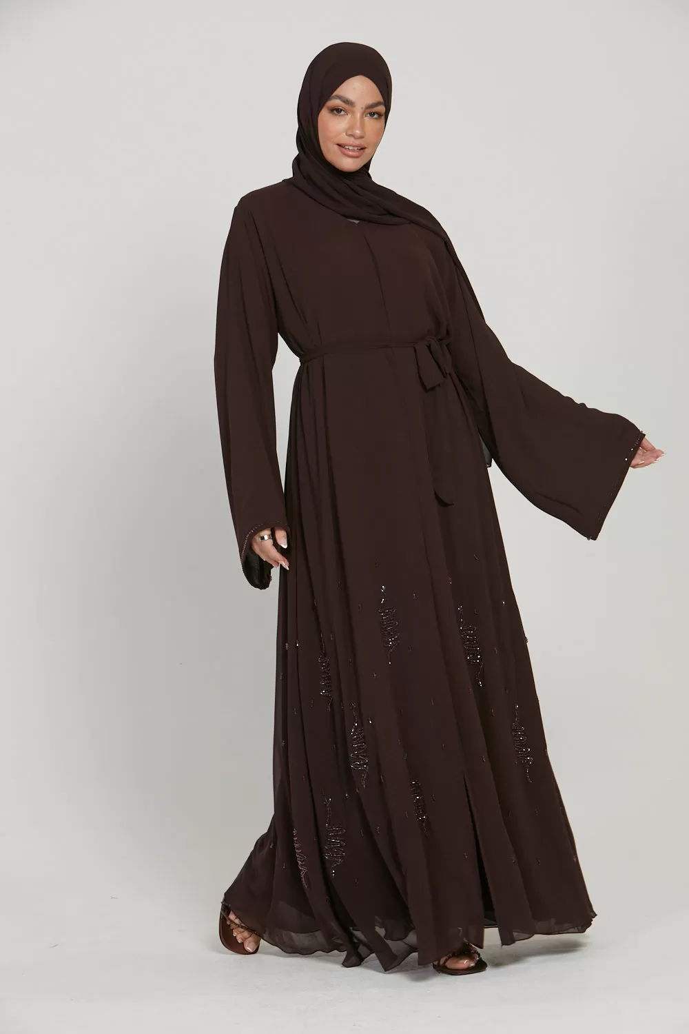 Premium Chiffon Embellished Open Abaya - Mahogany