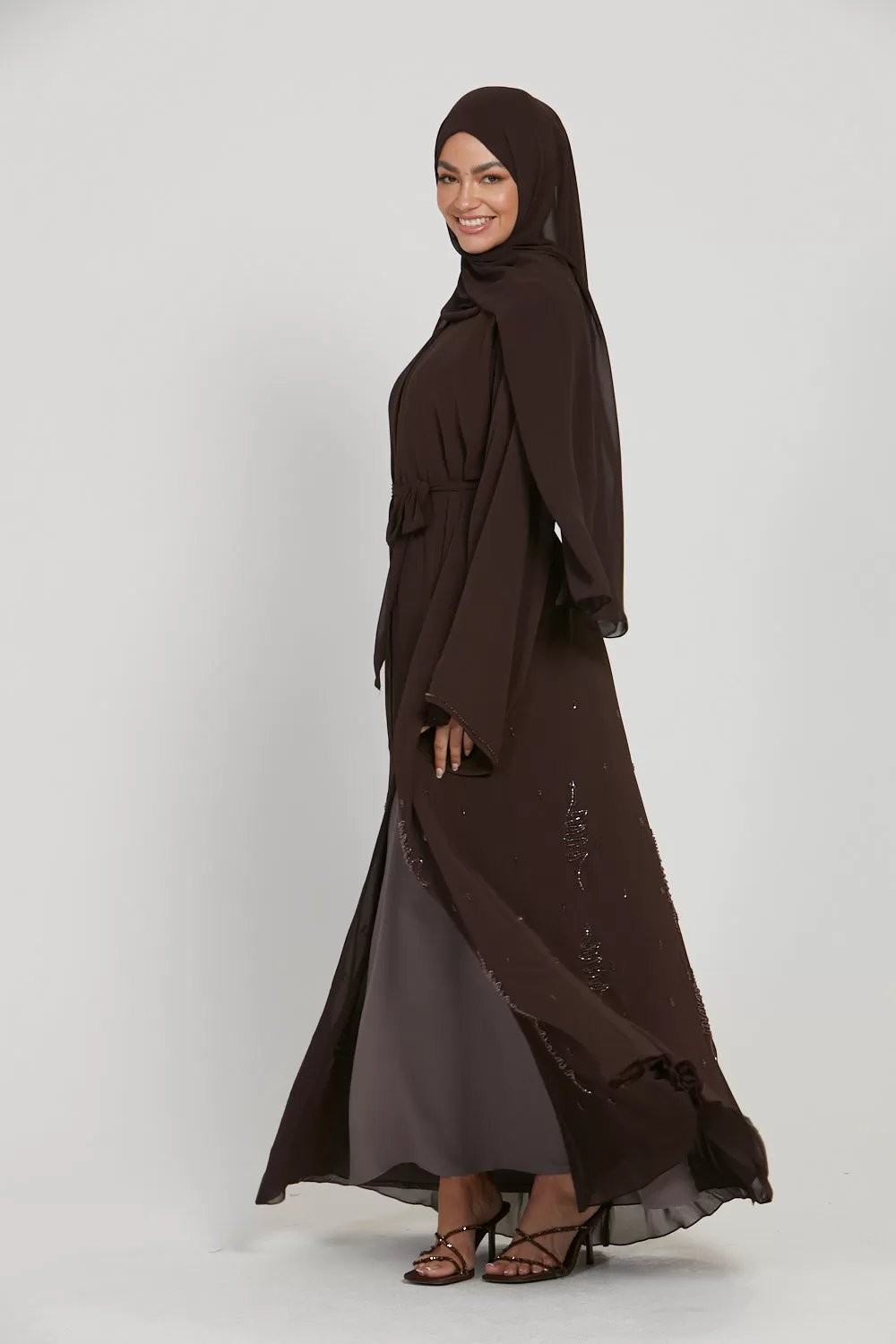 Premium Chiffon Embellished Open Abaya - Mahogany