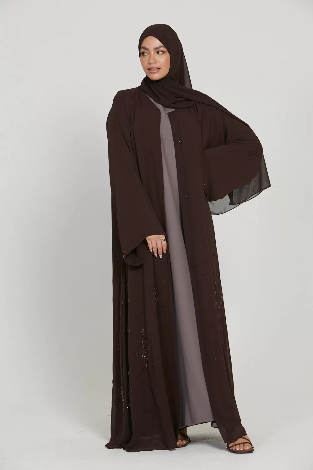 Premium Chiffon Embellished Open Abaya - Mahogany