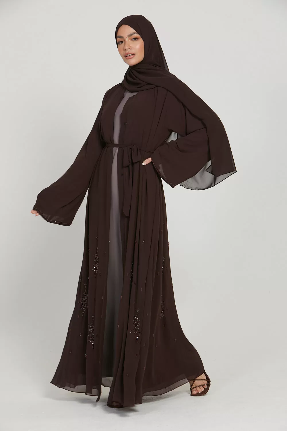 Premium Chiffon Embellished Open Abaya - Mahogany