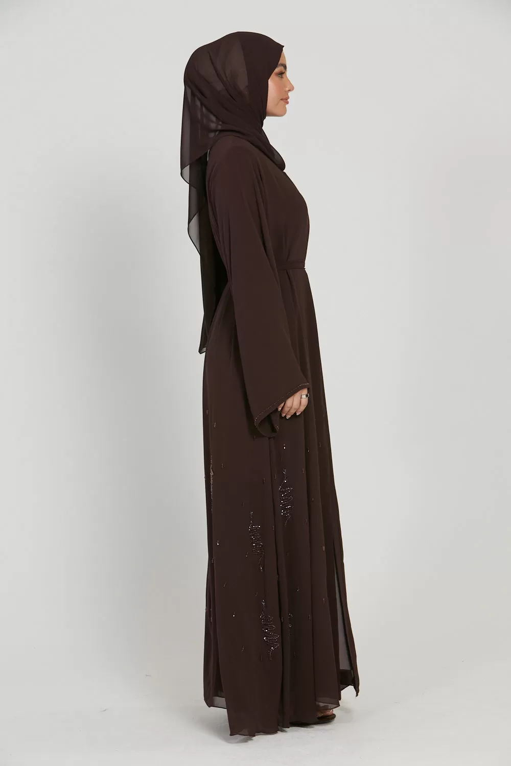 Premium Chiffon Embellished Open Abaya - Mahogany