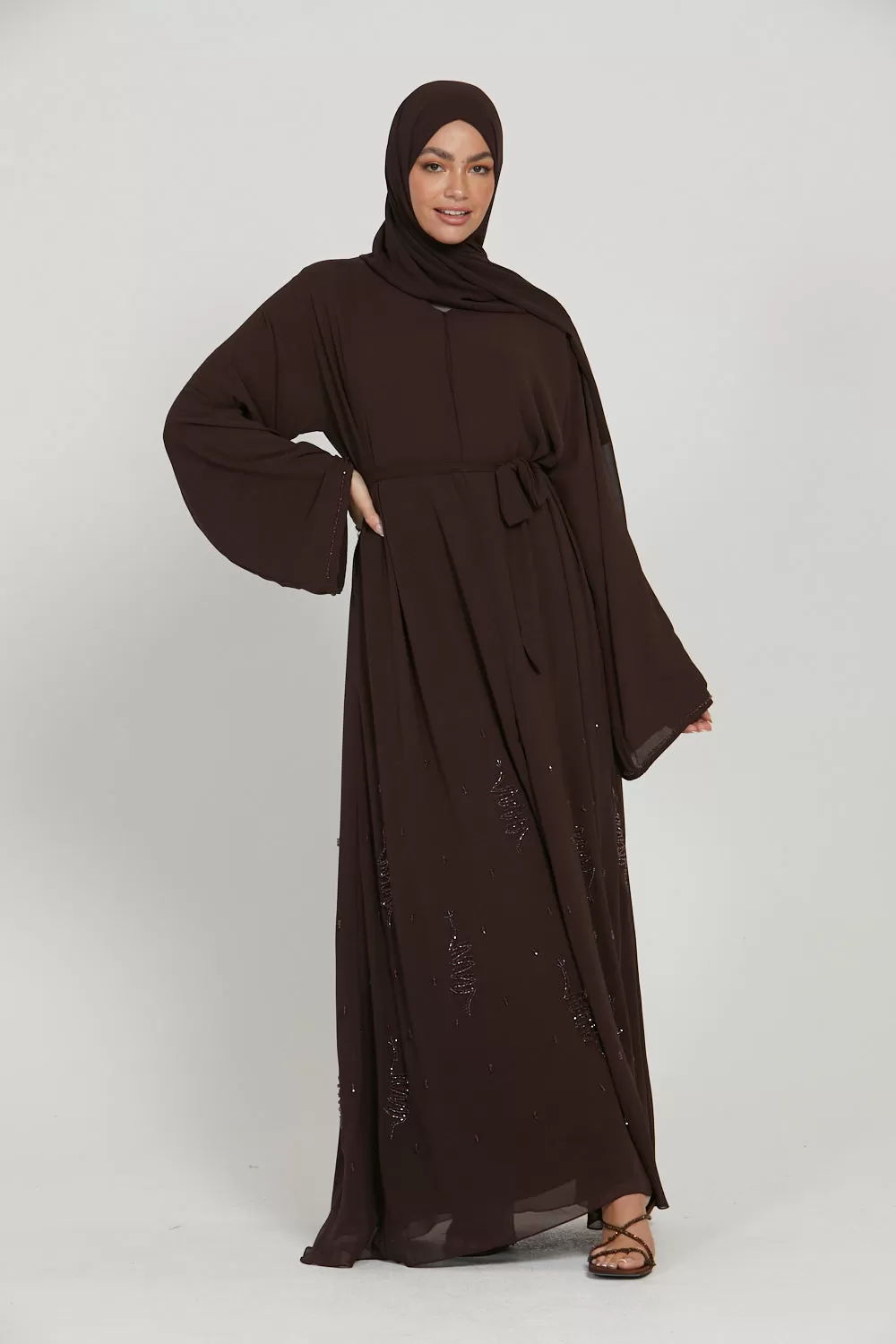 Premium Chiffon Embellished Open Abaya - Mahogany