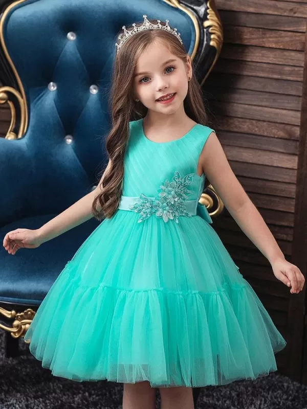 Princess Silhouette Bows Kids Party Dresses Flower Girl Dresses Short Flower Girl Dress