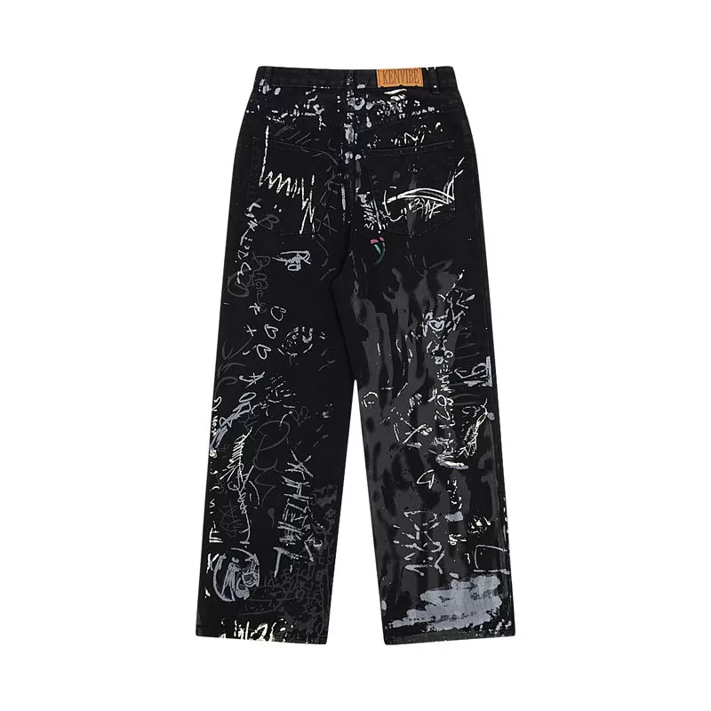 Printed Street Niche Design Wide Leg Male Jeans