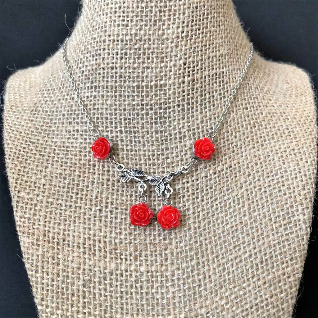 Red Rose Silver Branch Necklace