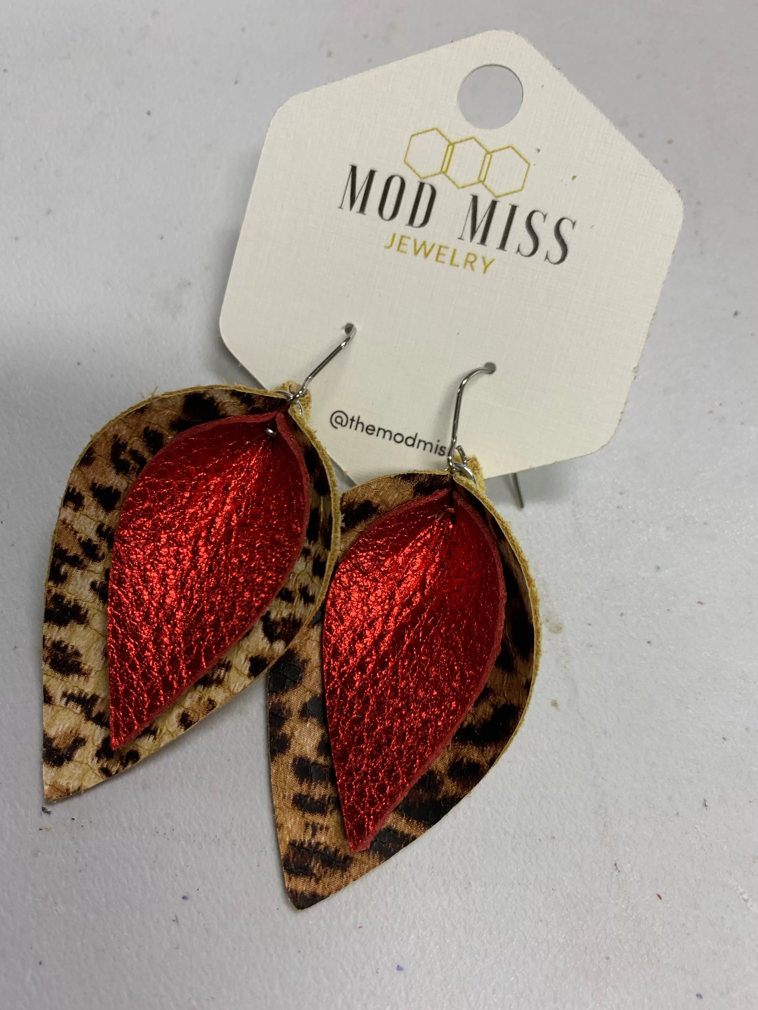 Ritzy Metallic Red   LEOPARD Stacked Leather Petal Earrings